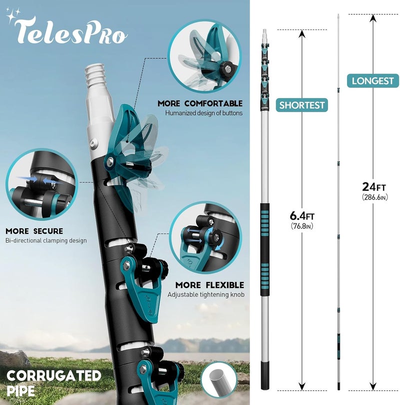 TelesPro 30 Feet High Reach Cobweb Duster with 6-24Ft Extension Pole, Webster Cobweb Duster with 5-Stage Telescopic Aluminum Pole, Spider Web Brush for Outdoor & Indoor Cleaning - Soft Bristles. - Image 3